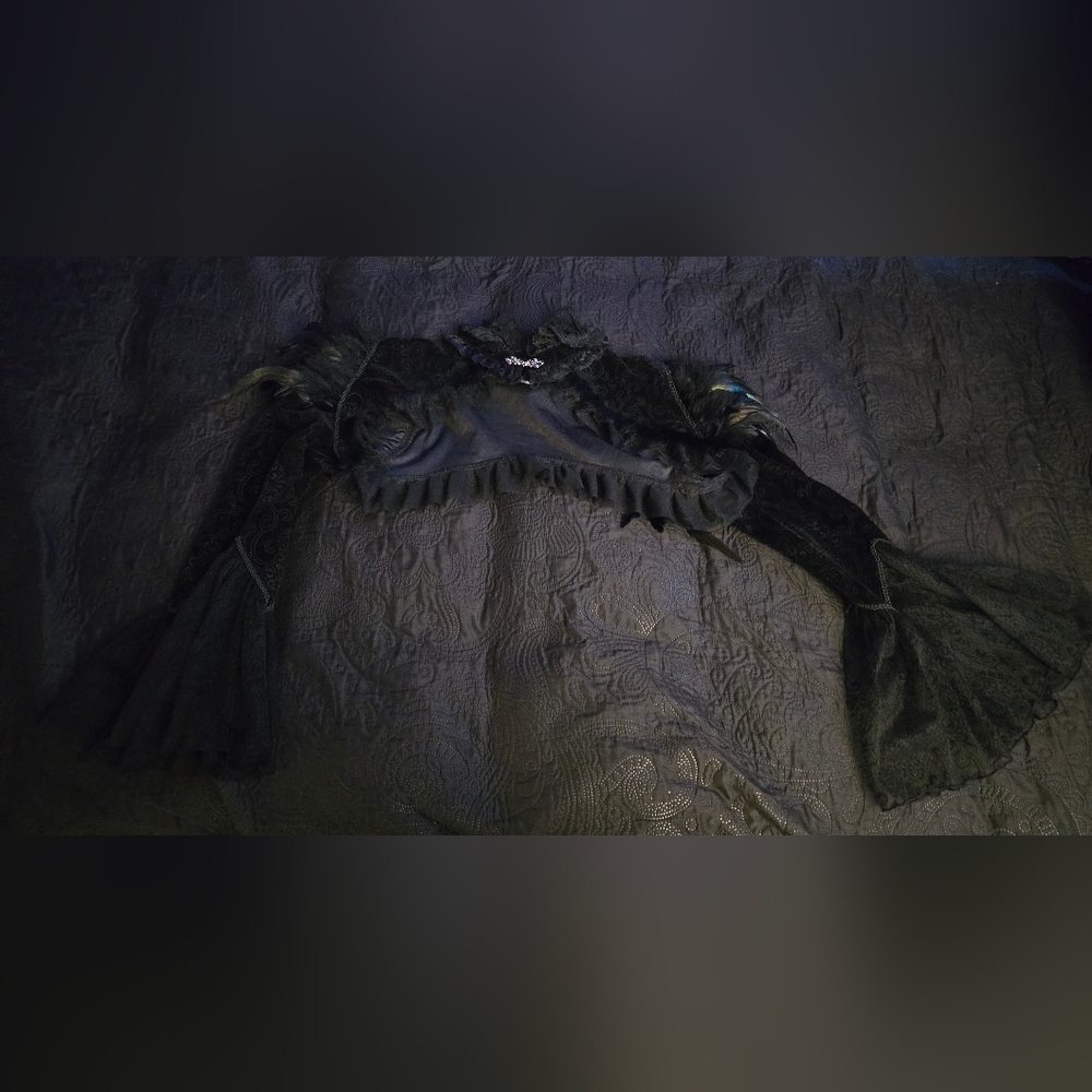 Gothic Velvet Bolero w/ Feather Details, Bell Lace Sleeves, & Silver Neck Clasp